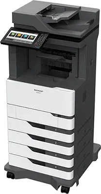Multi-function Sharp printer, white and gray, with multiple paper trays and touchscreen control panel.