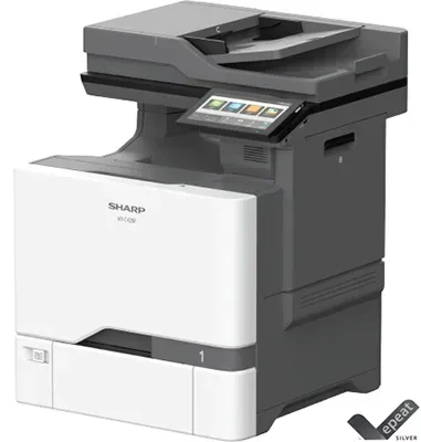 Sharp office multifunction printer with a touchscreen control panel.