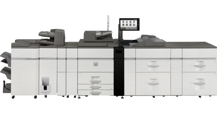 Large, white and gray industrial printer with a touchscreen control panel, for office use.