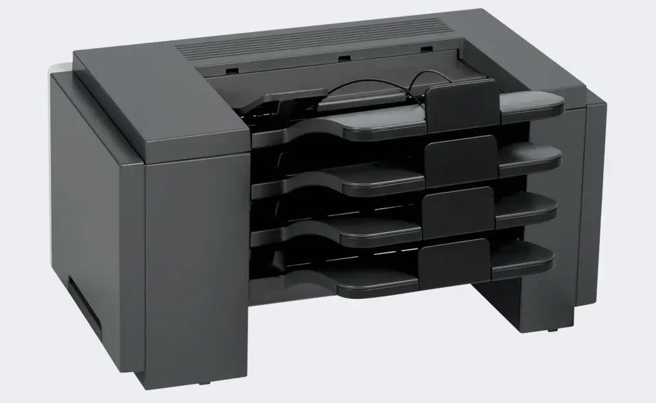 Dark gray paper tray with four levels.