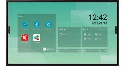 Interactive touchscreen display with apps, settings, time/date, and volume controls, against a green background.