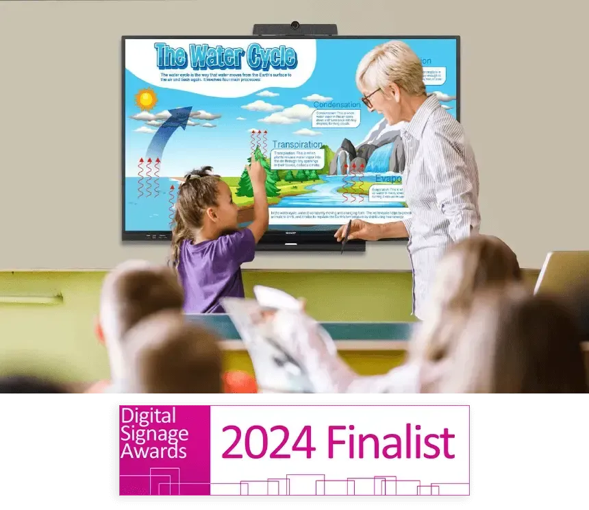 Teacher and child at a smart board with “Digital Signage Awards 2024 Finalist” banner