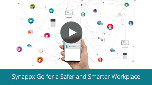 Hand holding smartphone, connected network diagram; Synappx Go: safer, smarter workplace.