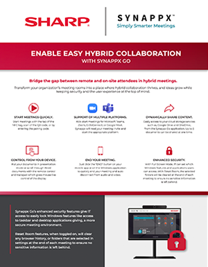 Sharp Synappx promo poster on hybrid collaboration, with red header, feature icons, and tablet interface screenshot