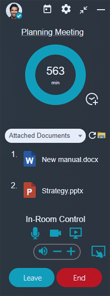 Meeting interface with documents, in-room control options, and a 