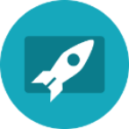 White rocket launching from a teal rectangle within a teal circle.
