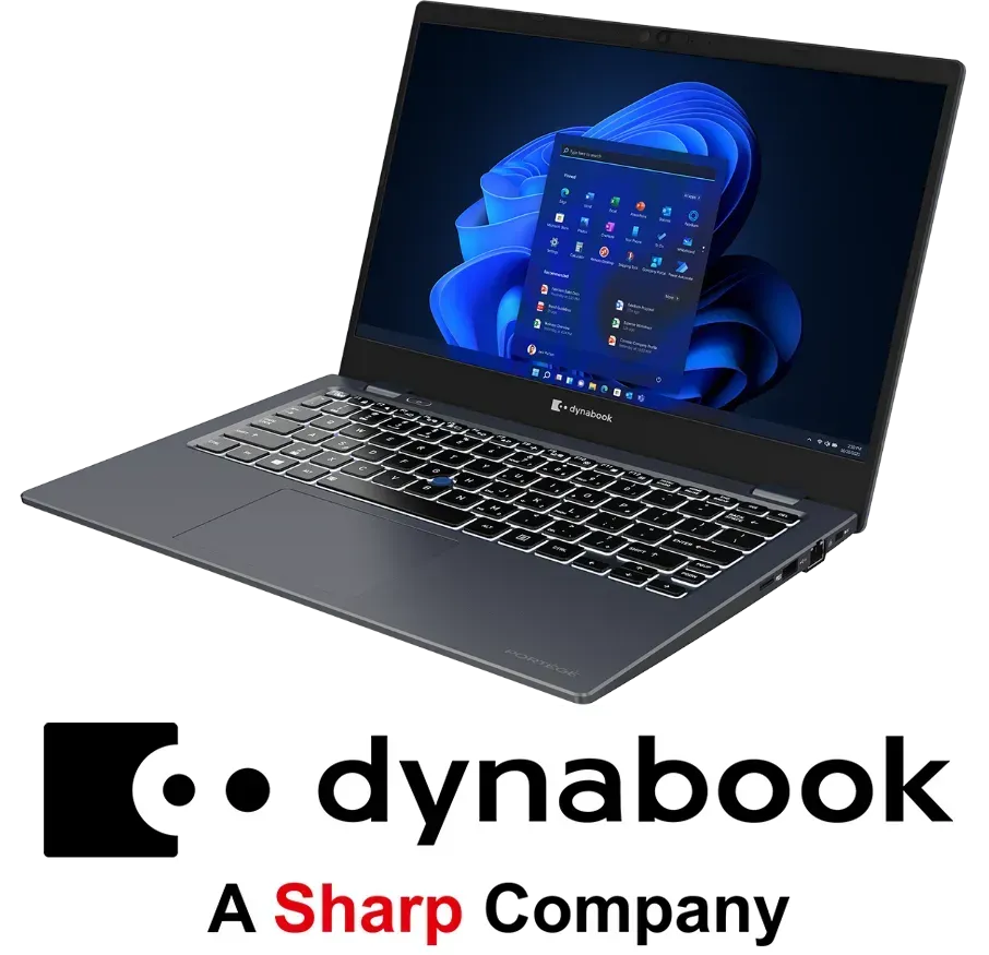 Dynabook laptop displaying Windows 11, dark gray, Dynabook logo with