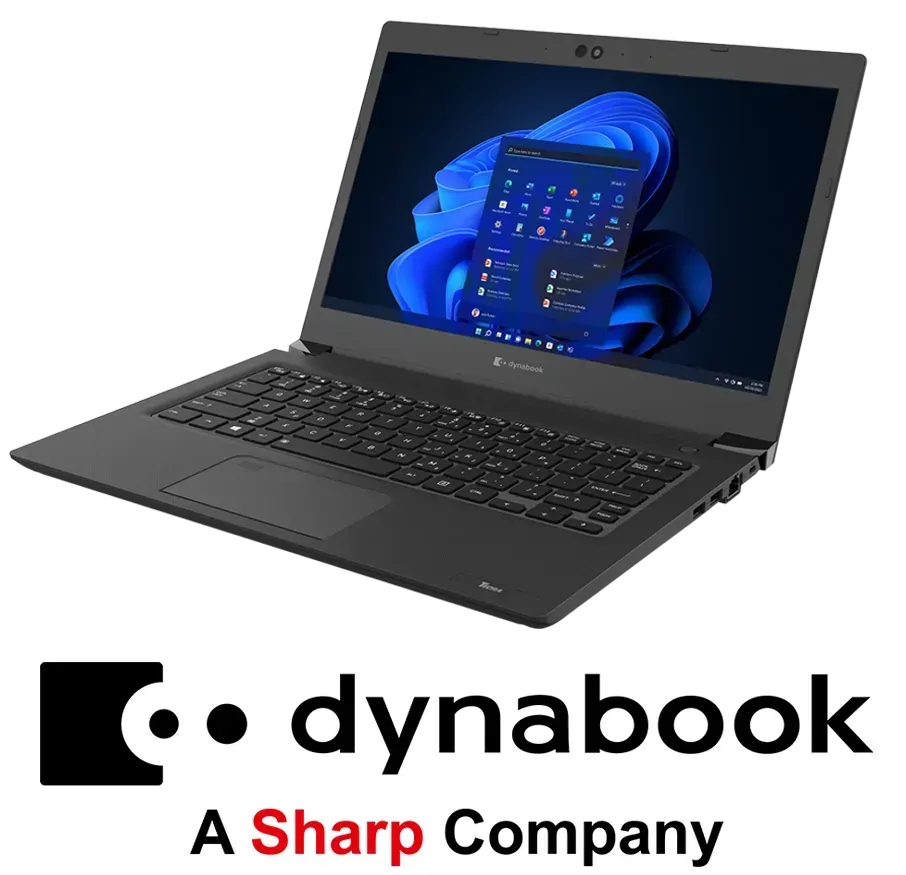 Dynabook laptop displaying Windows 11, with Dynabook logo and
