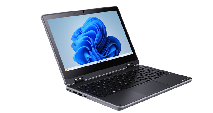 Laptop with an open screen displaying a blue and white background, angled on a white surface.