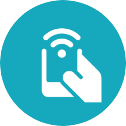 Hand holding a phone with a Wi-Fi symbol on a teal circle.