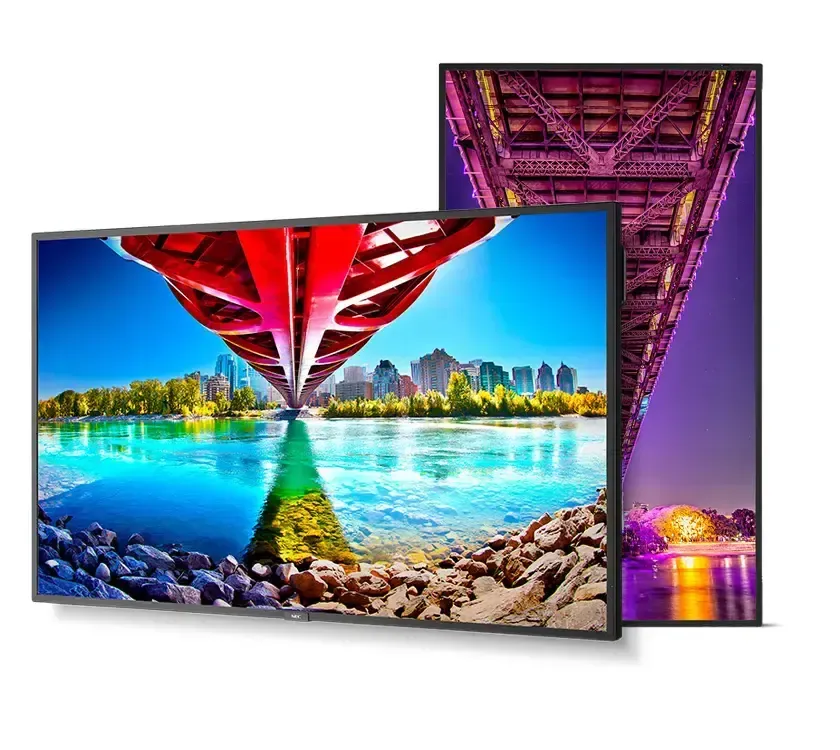 Two large TVs displaying colorful bridge reflections over water.