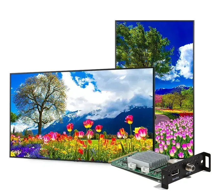 Two digital displays showing nature scenes, with a circuit board in front.