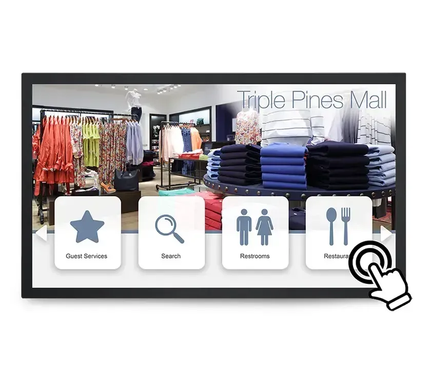 Interactive kiosk at Triple Pines Mall with store directory, restrooms, and restaurant icons. A hand hovers.
