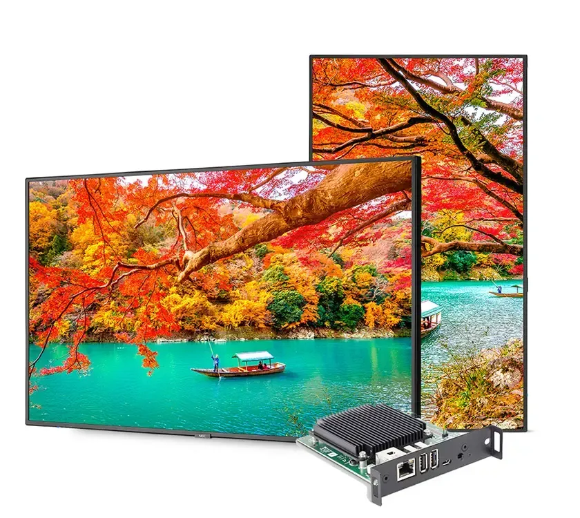 Two digital displays showing a scenic river view, with a black computer component in the foreground.