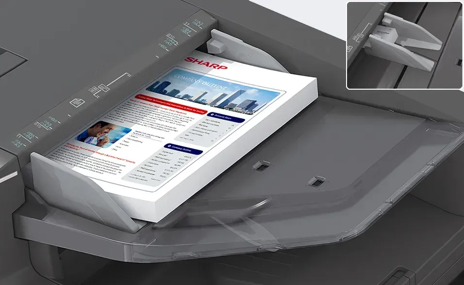 A stack of printed paper in a printer tray; a close-up shows an adjustable paper guide.