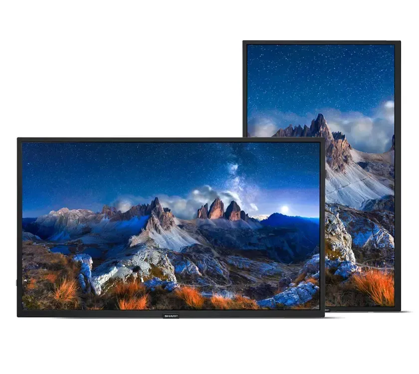 Two digital displays showing a mountain landscape scene, one horizontal and one vertical.