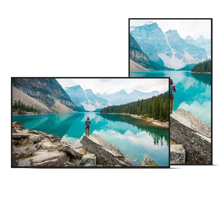 Person on rock overlooking teal lake and mountains, two framed photos.