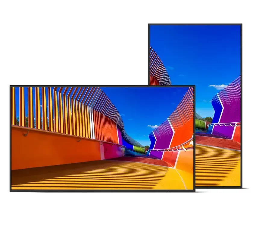 Two digital displays showing colorful bridge scenery; one horizontal, one vertical.
