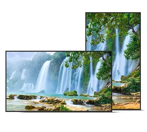 Waterfall scene on two differently sized screens, landscape and portrait.