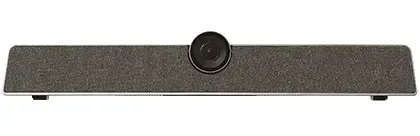 Black oblong video conferencing device with central camera lens and built-in microphones.