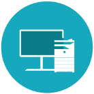 Computer monitor and printer icon on a teal circle.