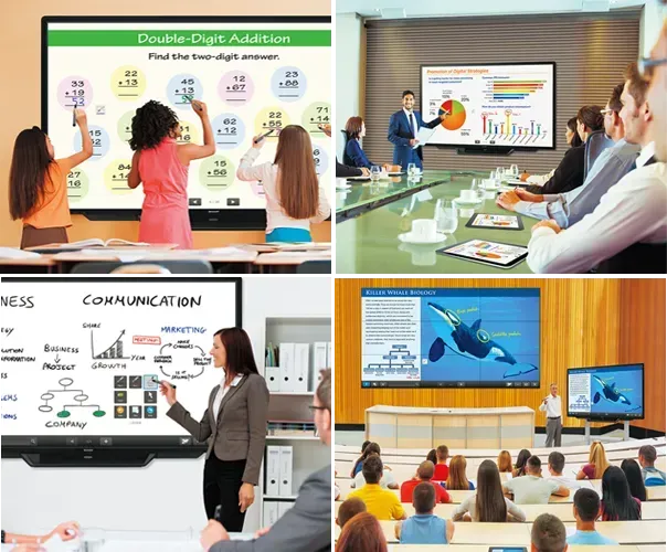 Four scenes of interactive displays in use: students in class, business meeting, presentation, and lecture hall.