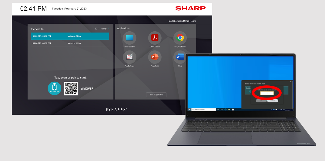 A laptop screen mirroring onto a Sharp display, with a QR code and app icons on the display.