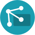 White interconnected dots and lines on a teal background with a dark rectangle; representing connection.