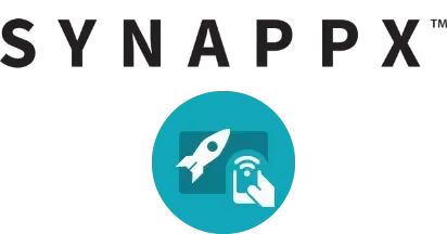 Synappx logo: Text above a teal circle with a rocket launching and hand holding a remote control.