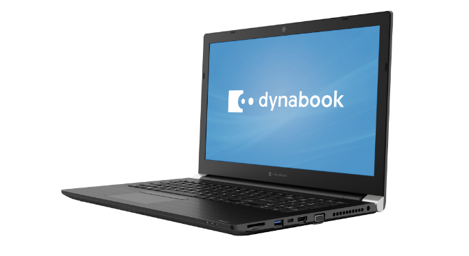 Dynabook laptop, black, open, displaying the Dynabook logo on a blue background.