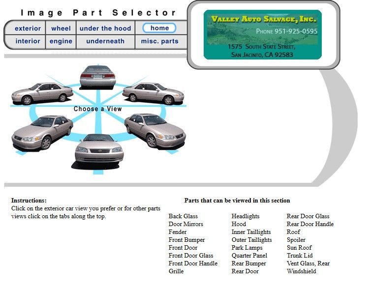 Car parts selector interface. A car is shown in different views with clickable tabs for parts selection. Includes a business logo.