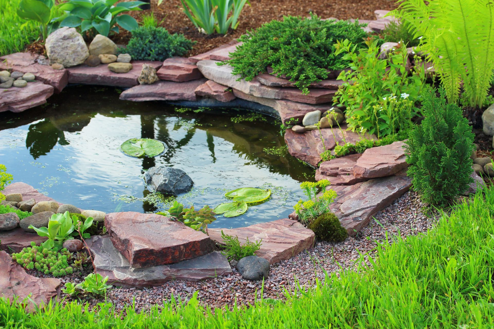 Small garden pond edged with stacked stones, green plants, and bright grass