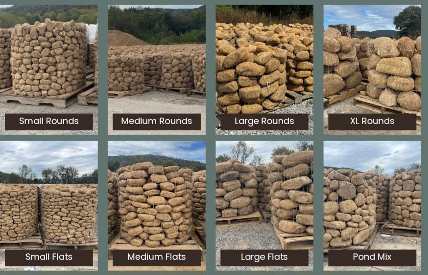 Collage of stone stack types labeled small, medium, large, XL rounds and small, medium, large flats, pond mix.