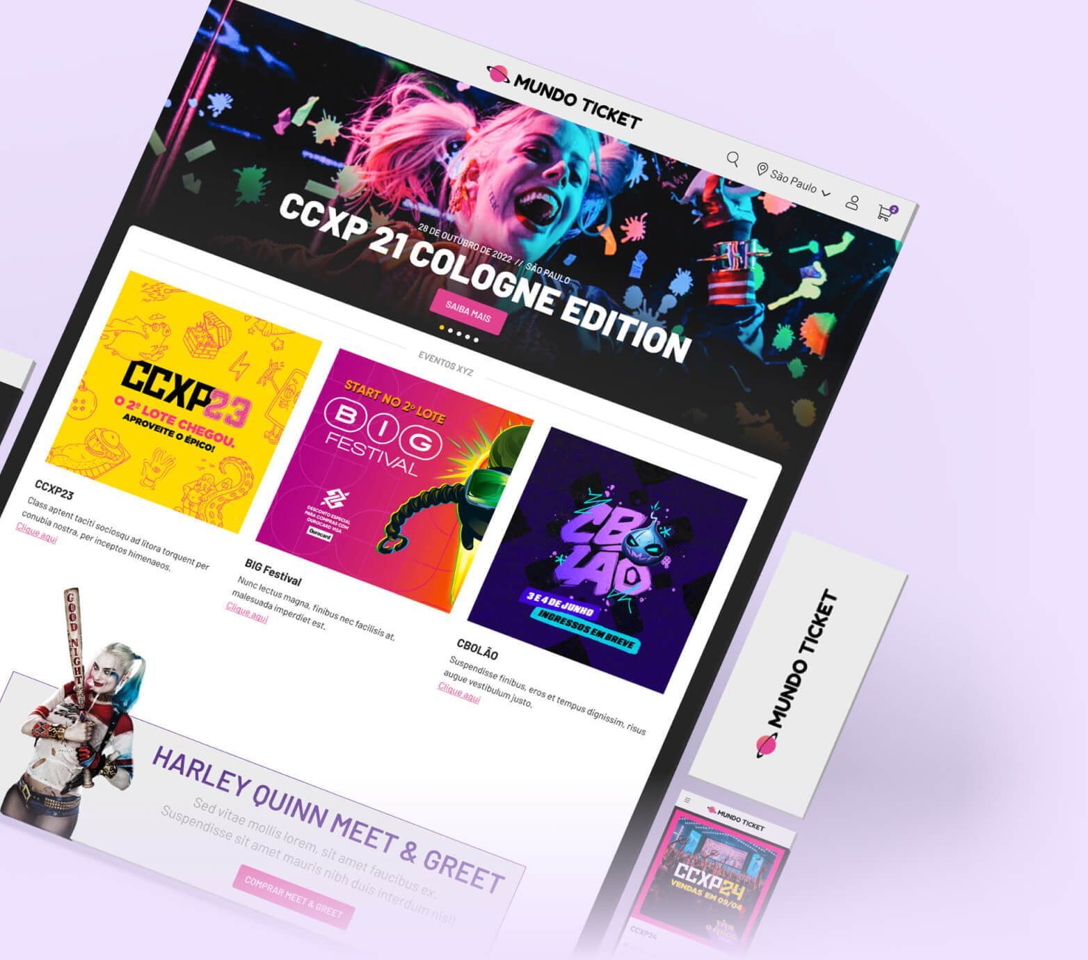 Um site da edição de colônia ccxp 21 é exibido em um fundo roxo.