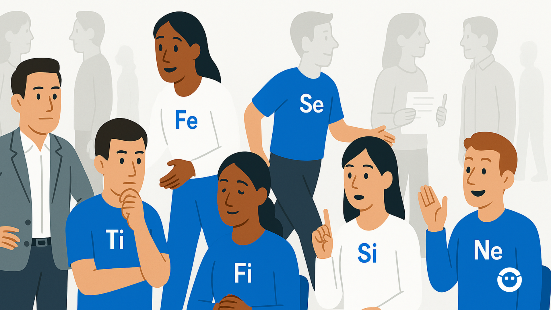 Ilustração de estilo flat representando as 8 funções cognitivas do MBTI (Te, Ti, Fe, Fi, Se, Si, Ne, Ni), com personagens interagindo em um ambiente profissional, usada para explicar a personalidade MBTI e como aplicá-la no trabalho.