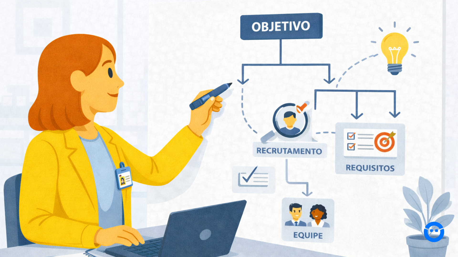 Mulher de blazer amarelo apresentando um diagrama de fluxo de trabalho com “OBJETIVO”, “REQUISITO DO CLIENTE” e “REQUISITOS” em uma tela.