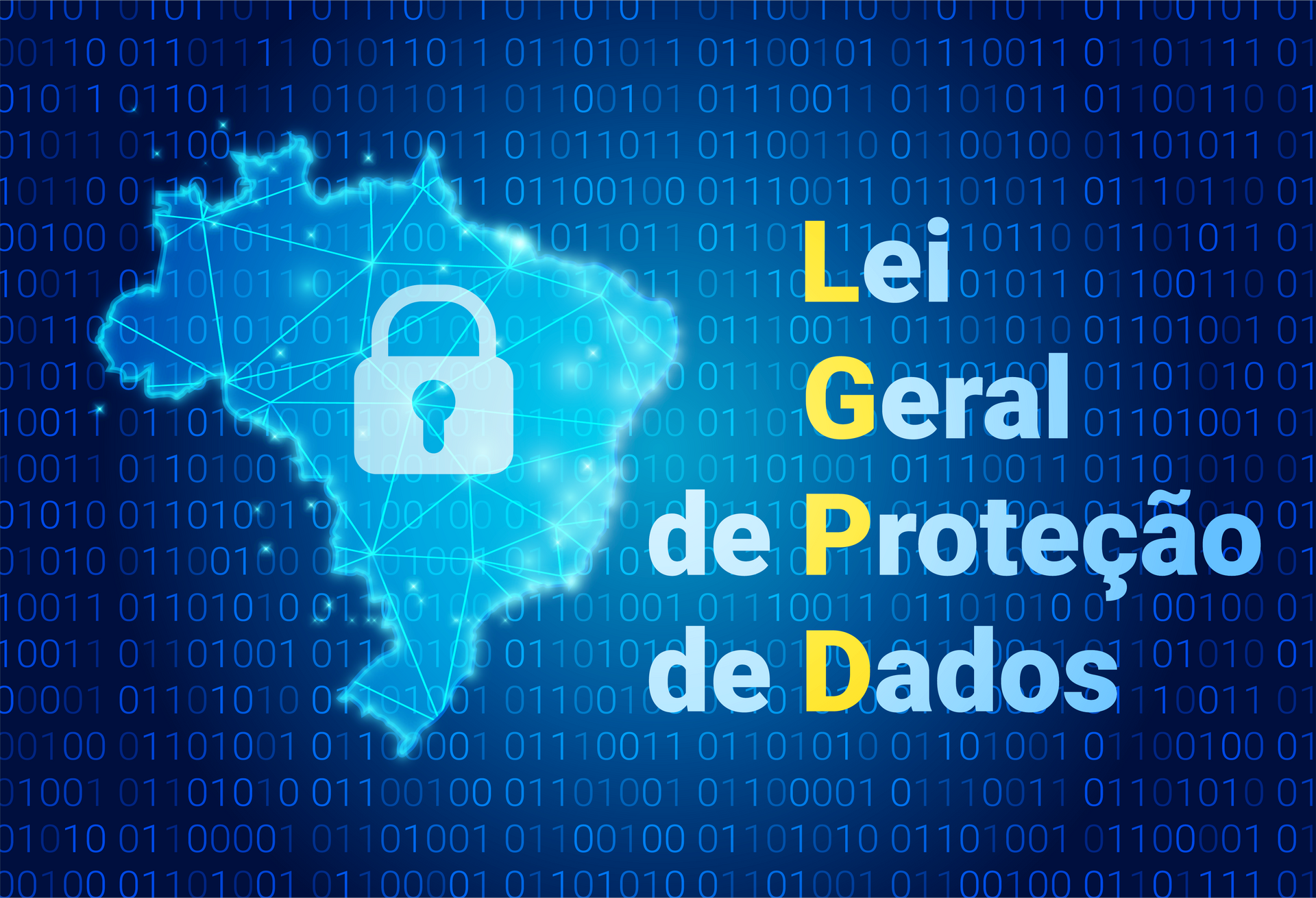Mapa do Brasil azul com cadeado e texto “Lei Geral de Proteção de Dados”