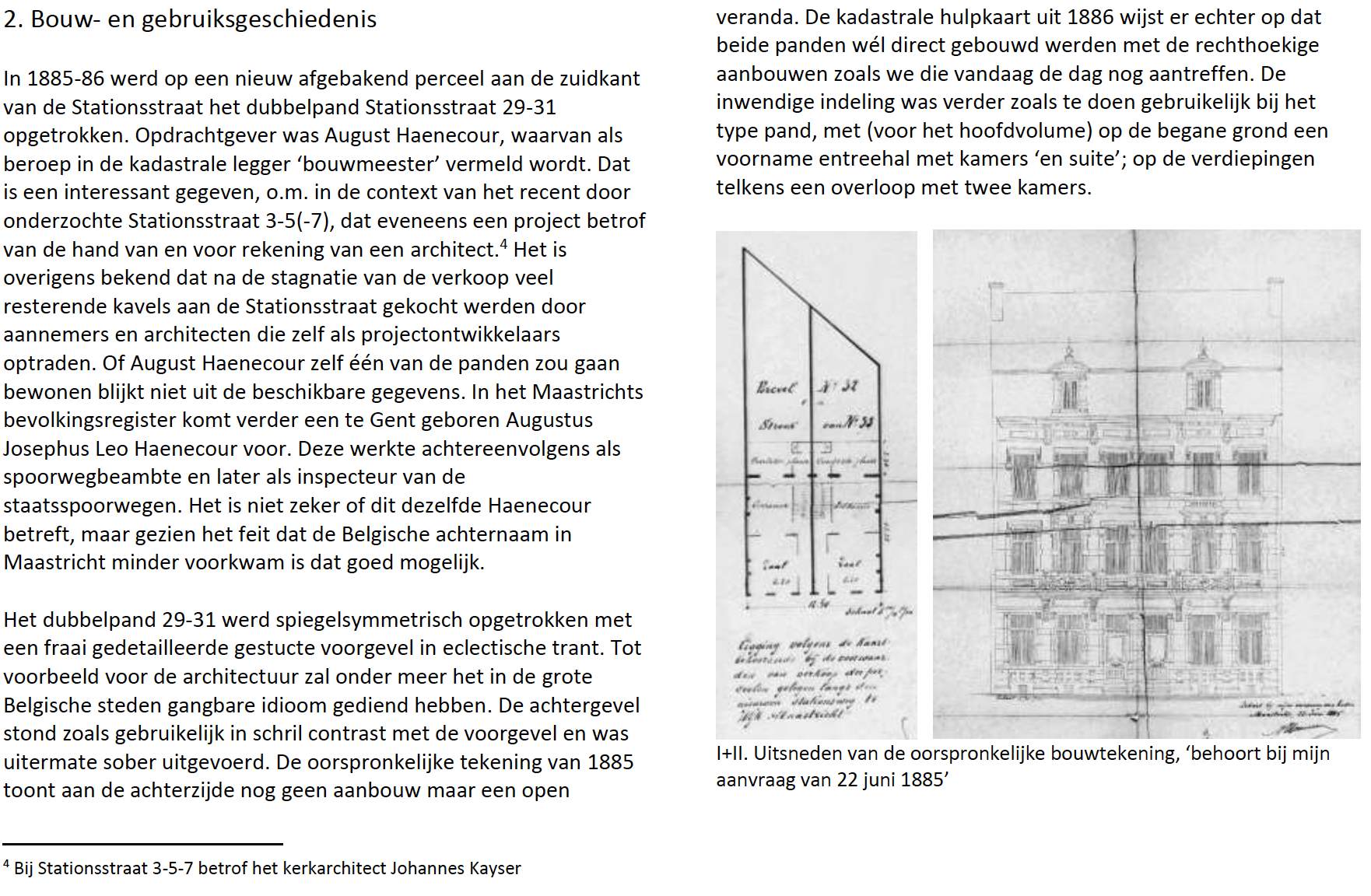 Tekst met architectuurtekeningen. Gebouwgevel en zijaanzicht met tekst in het Nederlands.