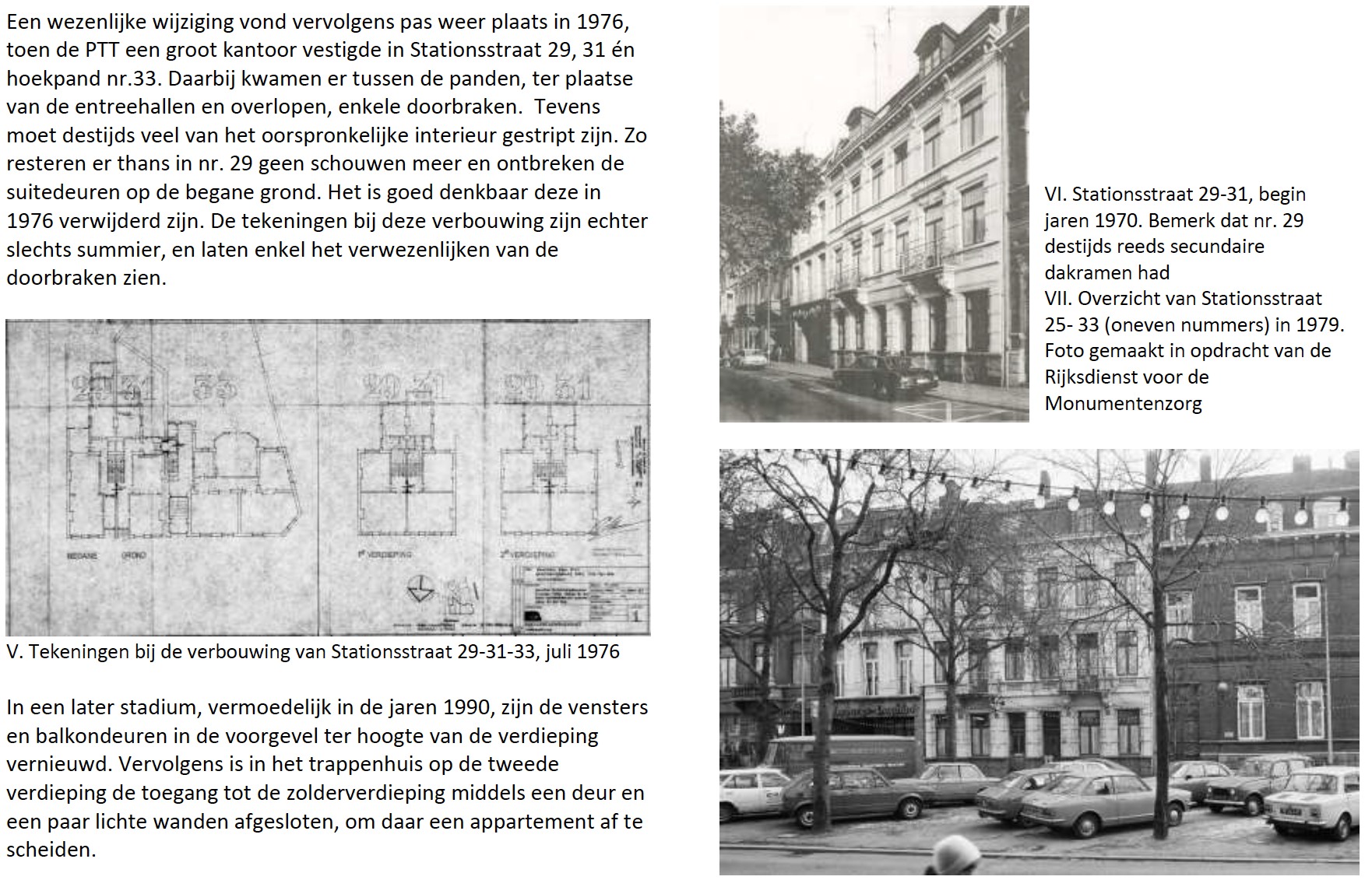 Gebouwen en bouwtekeningen. Twee zwart-witfoto's van gebouwen en een schets van een bouwtekening. Tekst in het Nederlands.