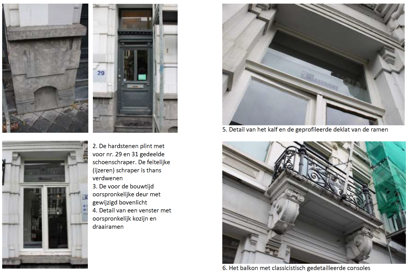 Details van de gebouwgevel: deuropening, raam, balkons met sierlijke architectonische elementen.