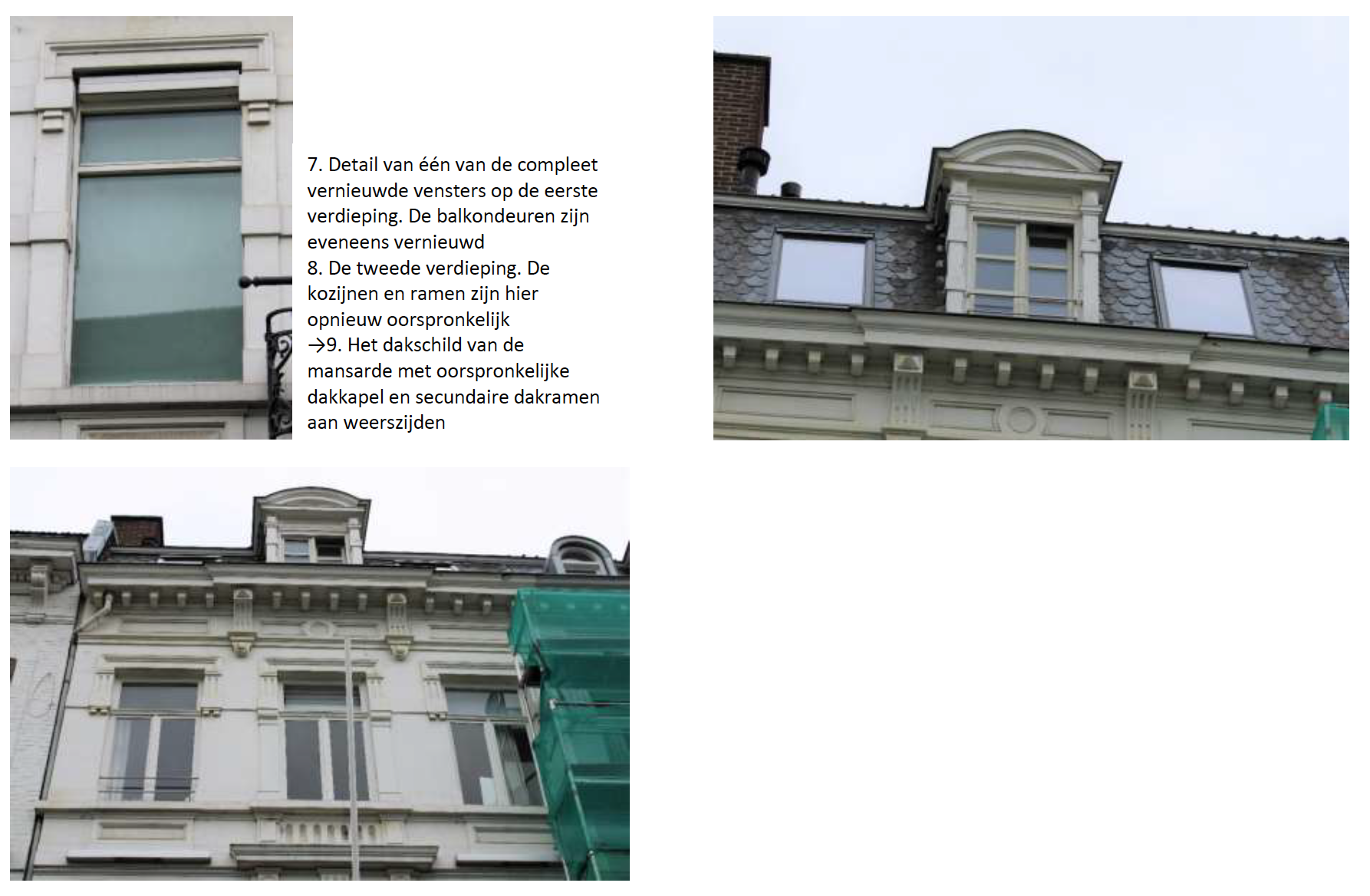 Architectonische details van een gebouw met ramen, witte kozijnen en een decoratief dak.