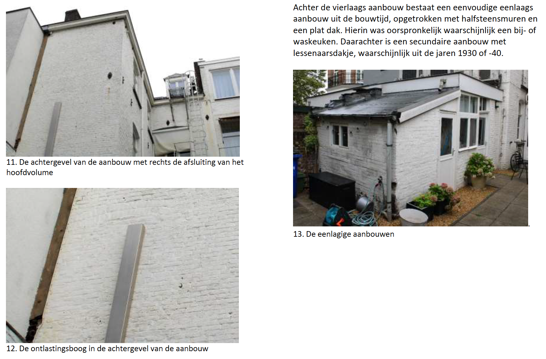 Foto's van een wit gebouw met gedetailleerde weergaven van de buitenmuren, inclusief schade en reparaties.