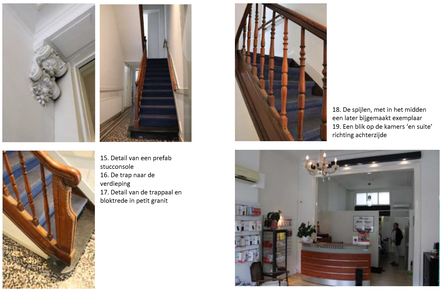 Collage: Architectonische details, trap en interieur van de salon.