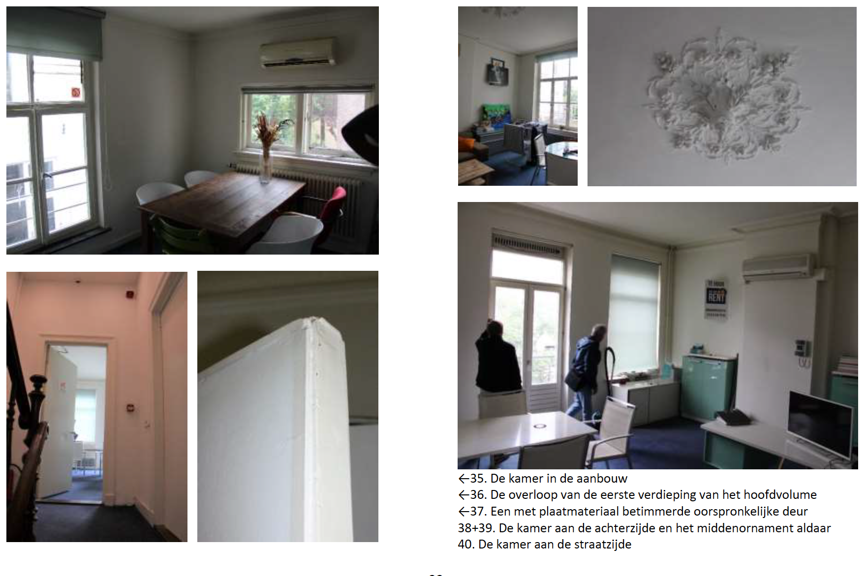 Verschillende interieurfoto's: eetkamer, kantoorruimte, hal, decoratief plafond.