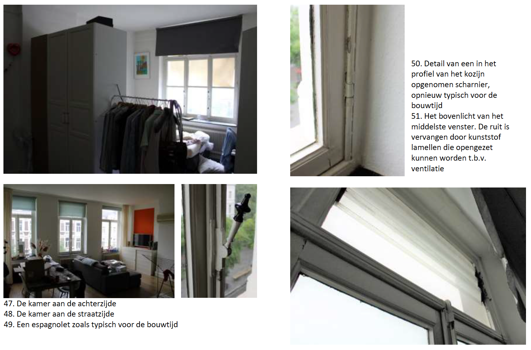 Kamer met kledingrek, ramen en kledingkast. Close-ups tonen details van de ramen en de jaloezieën.