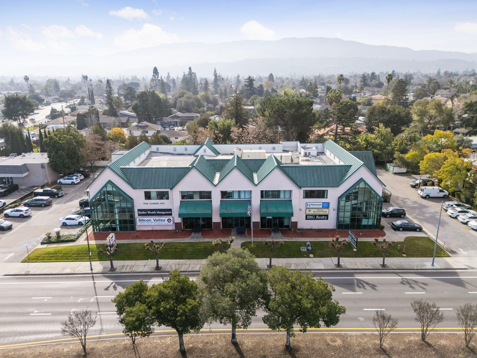 Aerial view of 1900 Camden Ave and the Cambrian Park neighborhood of San Jose