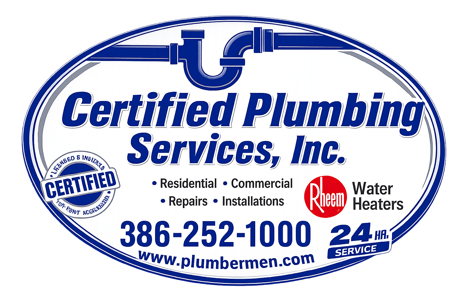 Certified Plumbing Services, Inc. logo with phone number 386-252-1000 and 24/7 service badge