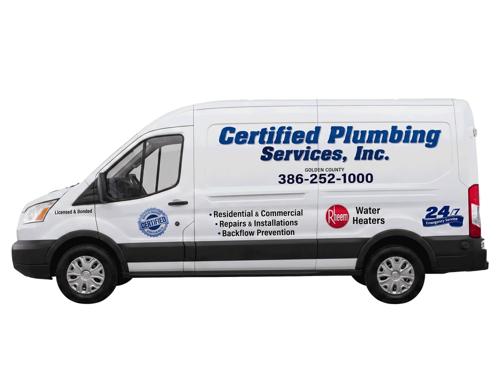 White Certified Plumbing Services van with blue logo and contact number on the side