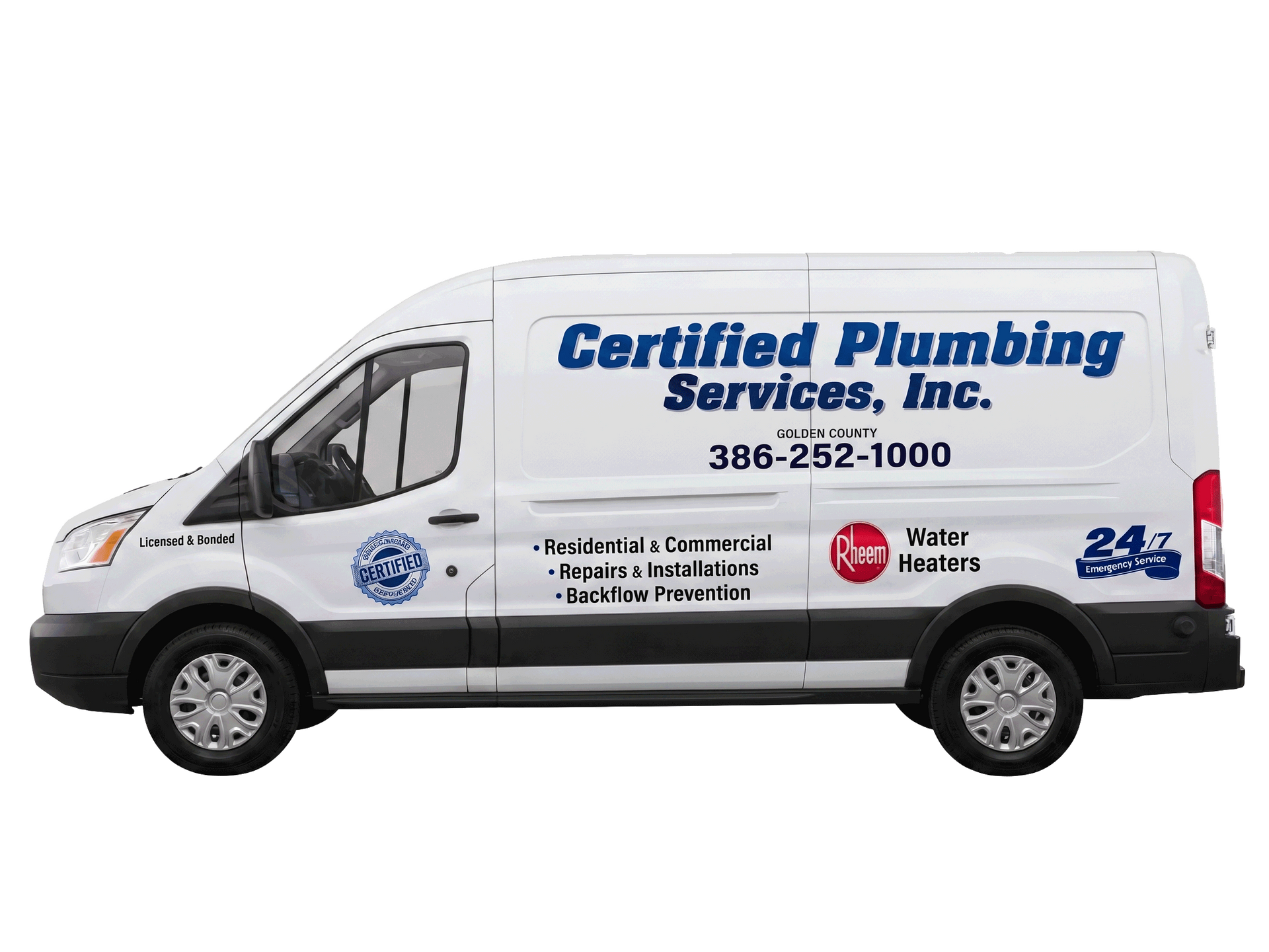 White Certified Plumbing Services van with blue logo and contact number on the side