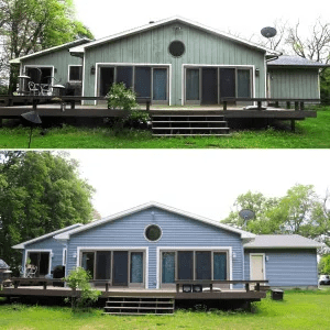 Before-and-after of a gray house with a dark deck and front steps, showing exterior changes.